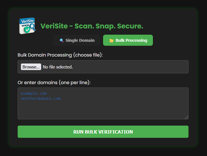 VeriSite bulk processing tab: a file chooser for uploading a domain list, a textarea for entering domains one per line pre-filled with example.com and anotherdomain.com, and a Run Bulk Verification button.